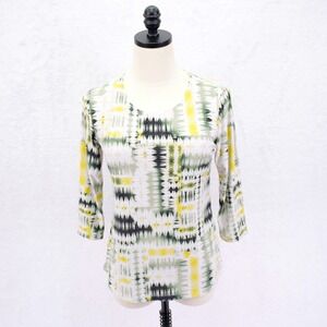 JM Collection White Yellow Green Embroidered Round Neck Top 3/4 Sleeve PS Petite